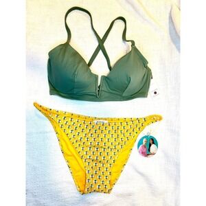 Bikini Set -Ribbed Longline Wire Bikini Top & Rhodes Dainty Lotus Cheeky Bottom